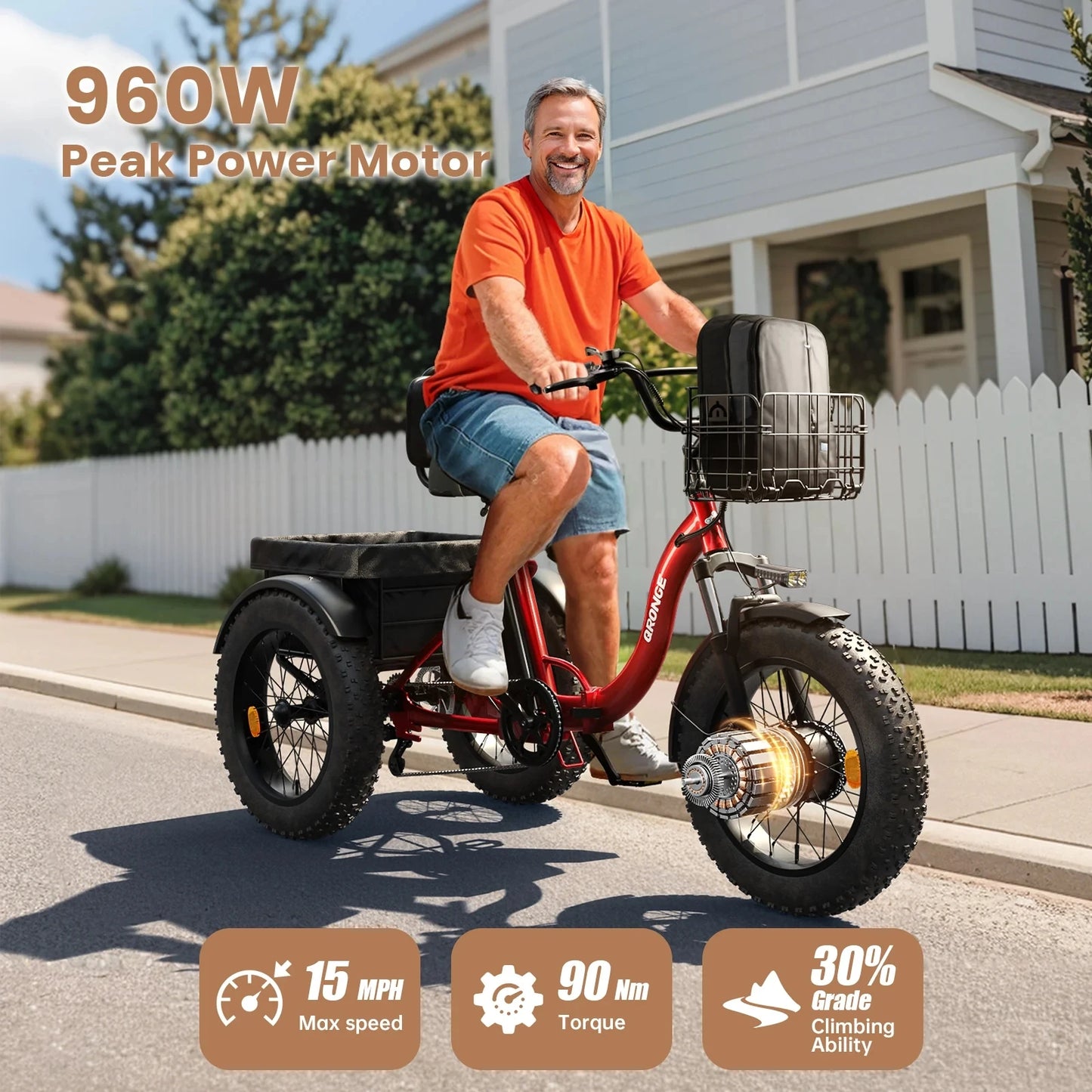 QRONGE 960W Folding Electric Tricycle With 36V 50 Mile Range