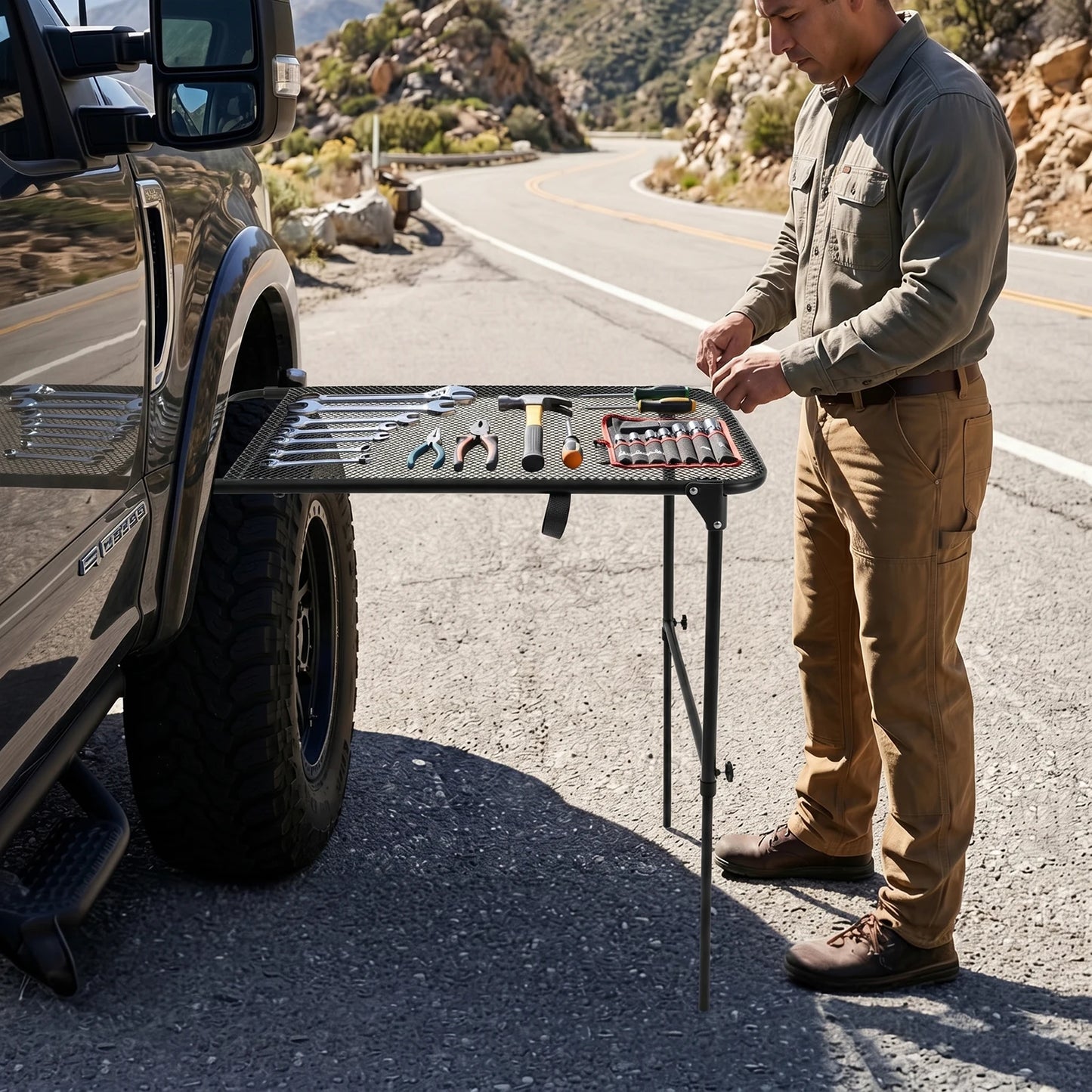 Vehicle Tire Mounted Camping Table Adjustable