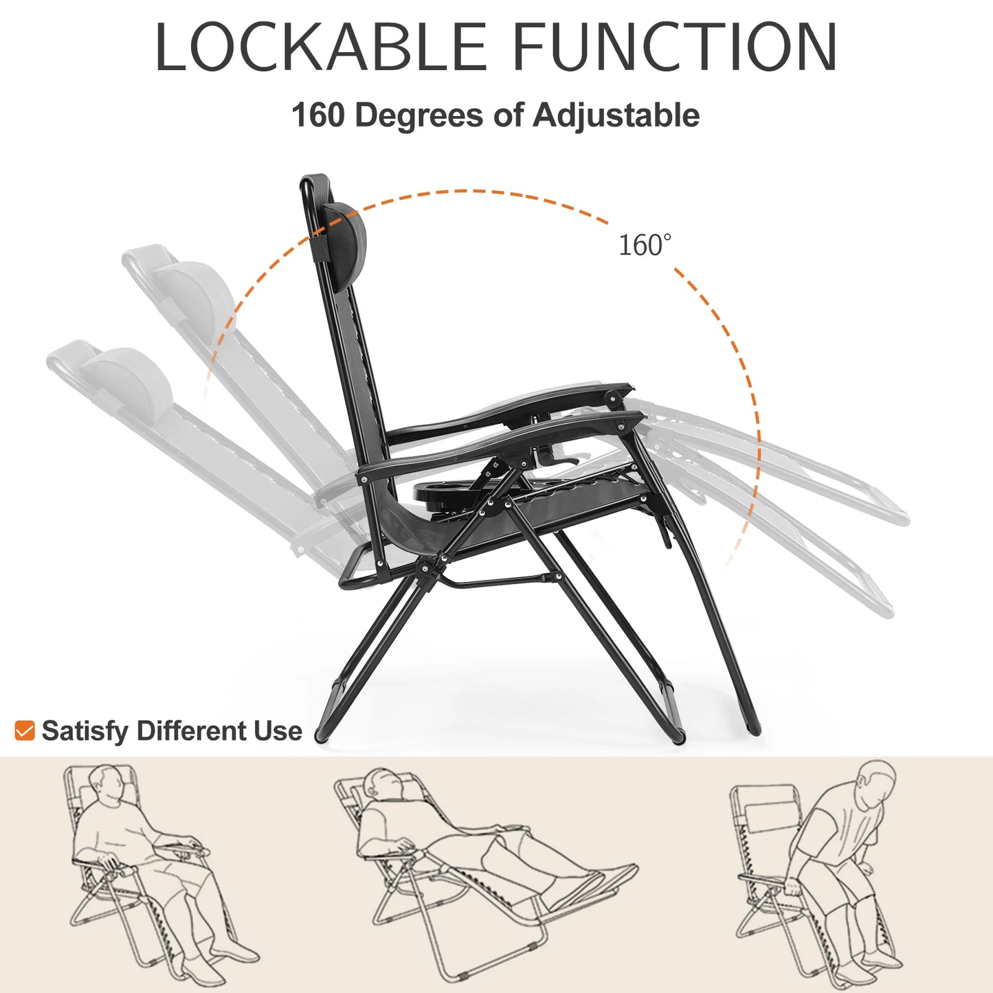 JHK Zero Gravity Portable Recliner With Adjustable Pillow