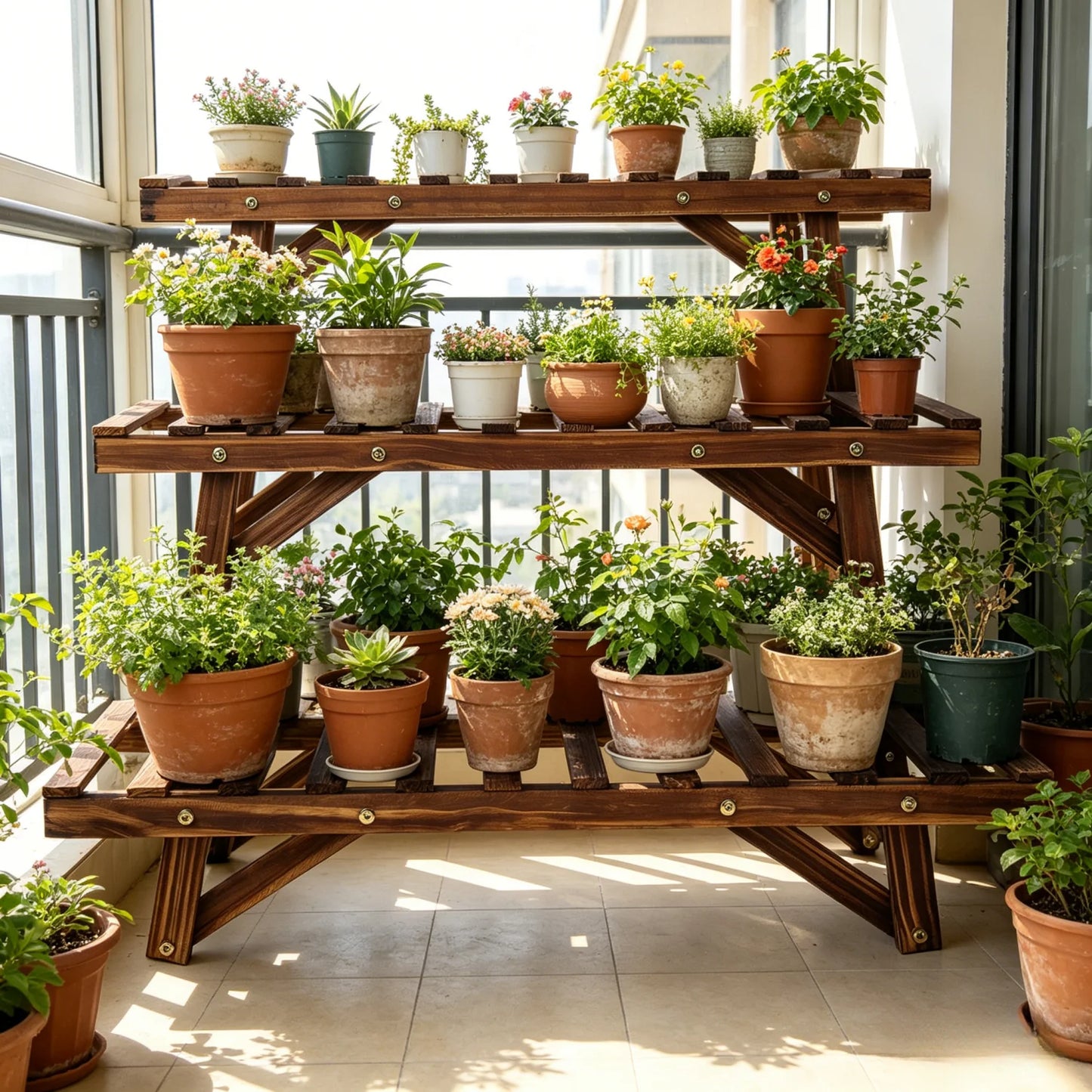 Three Tier Wood Ladder Plant Shelf Stand