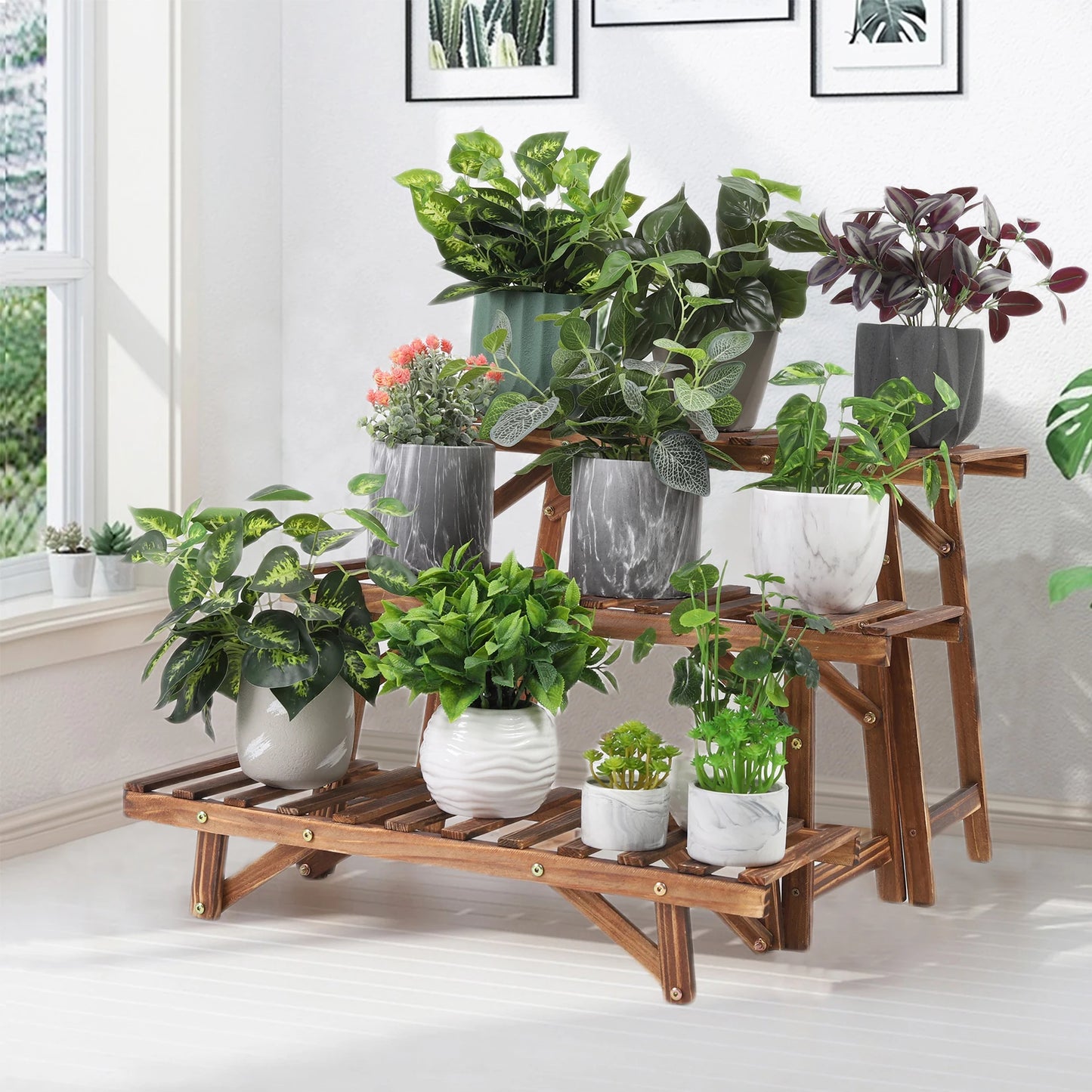Three Tier Wood Ladder Plant Shelf Stand