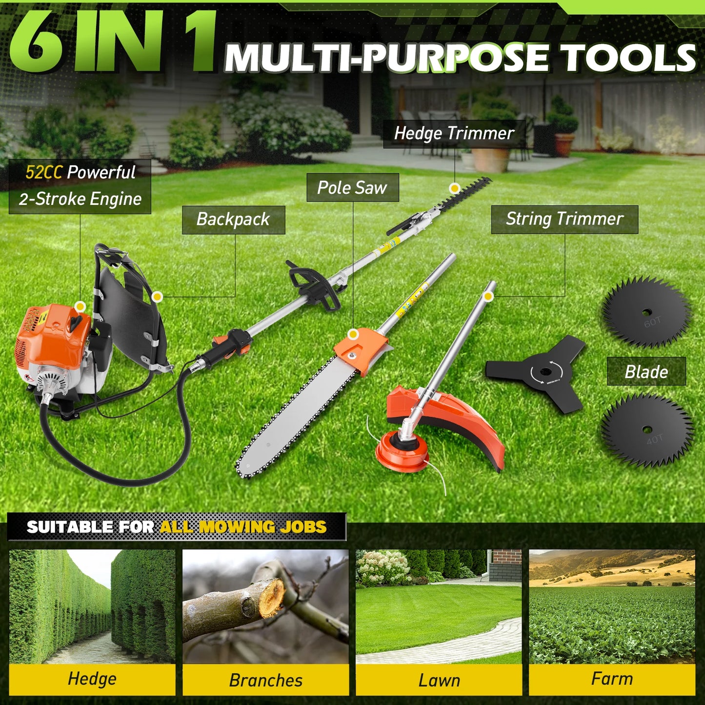 Gas Powered 6 In 1 Hedge Trimmer And Yard Tool