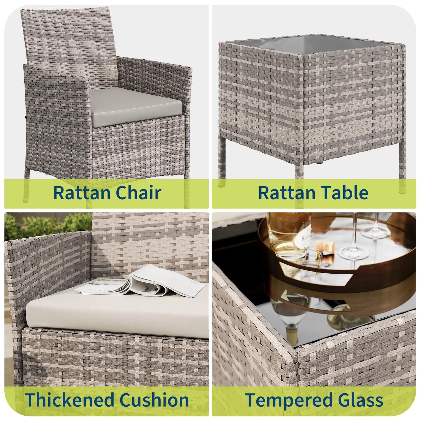 HiMISS 3-Piece Patio Wicker Set With Glass Table