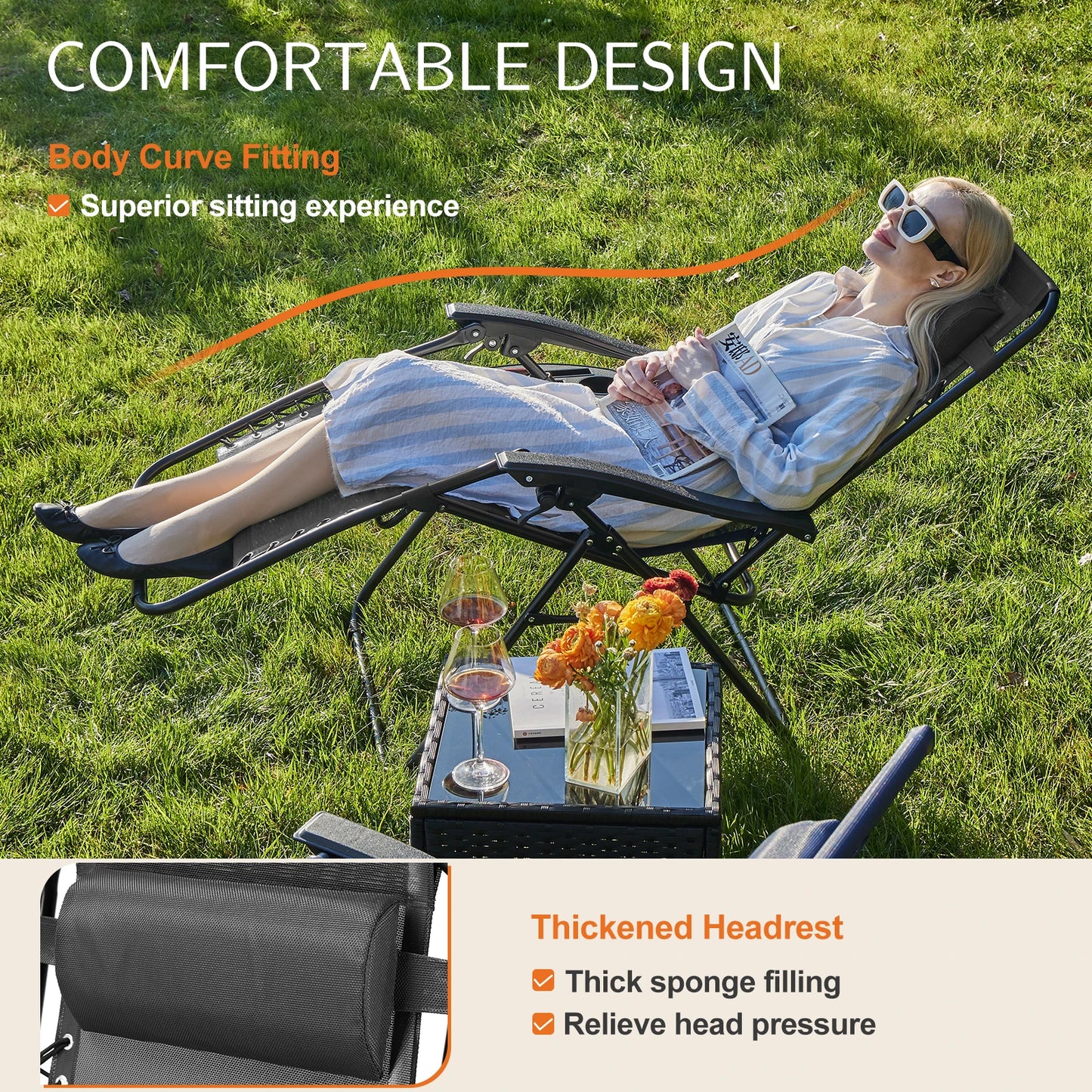 JHK Zero Gravity Portable Recliner With Adjustable Pillow