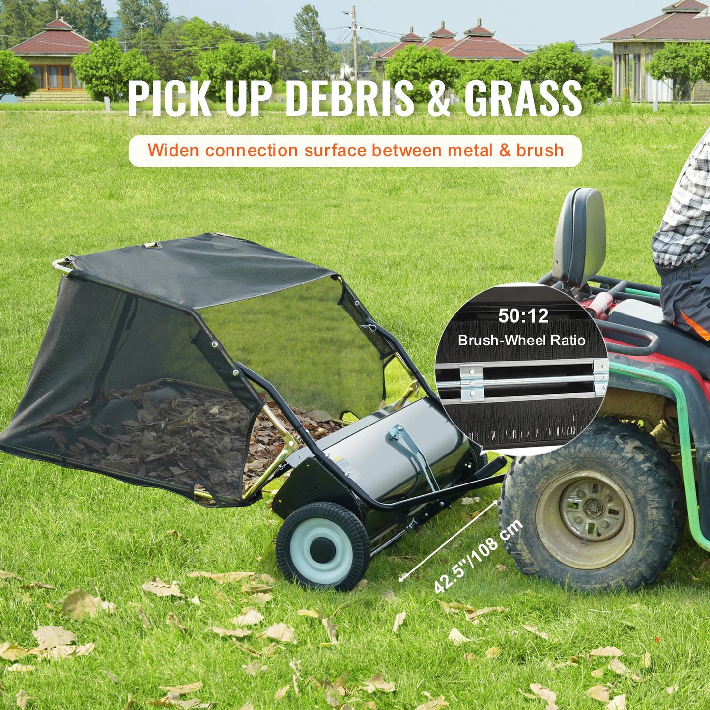 SucceBuy Tow Behind Lawn Sweeper With Adjustable Sweep