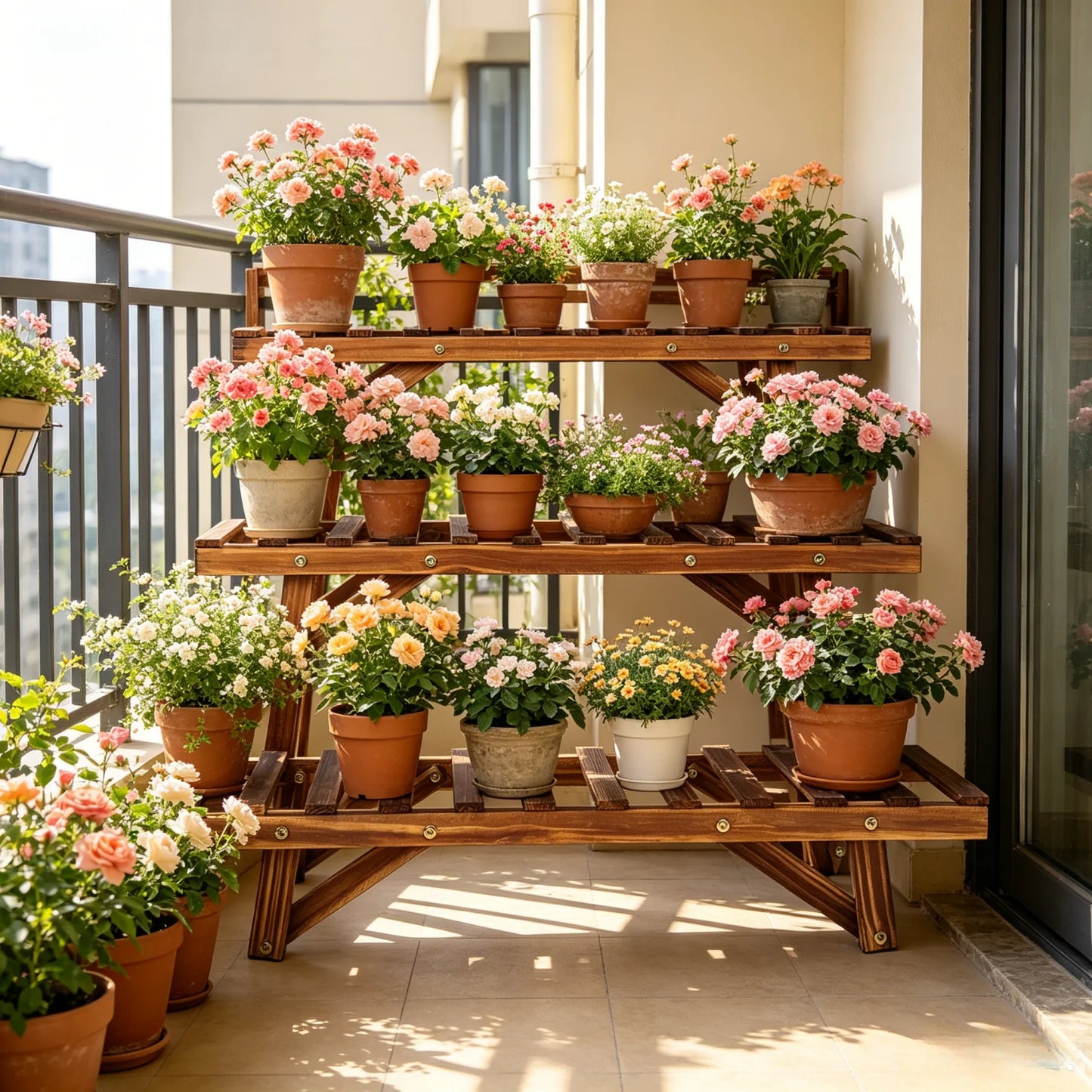 Three Tier Wood Ladder Plant Shelf Stand