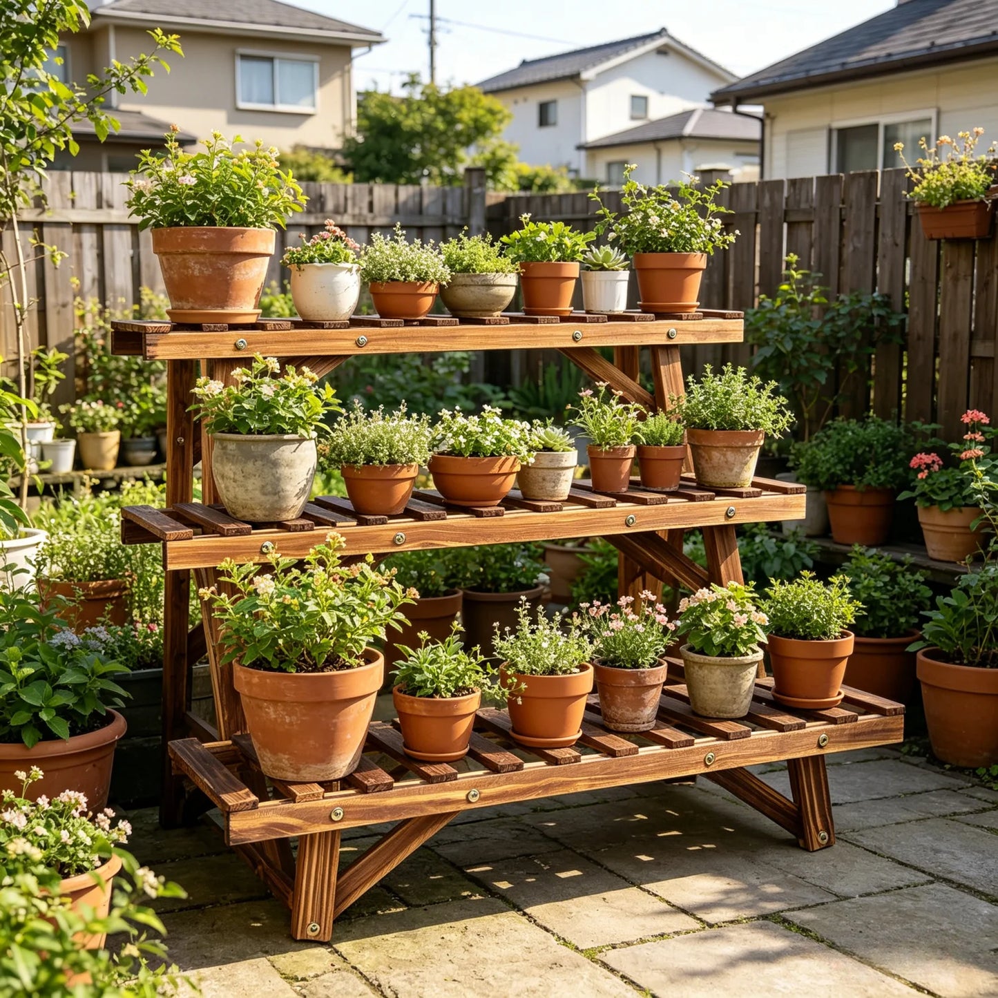 Three Tier Wood Ladder Plant Shelf Stand