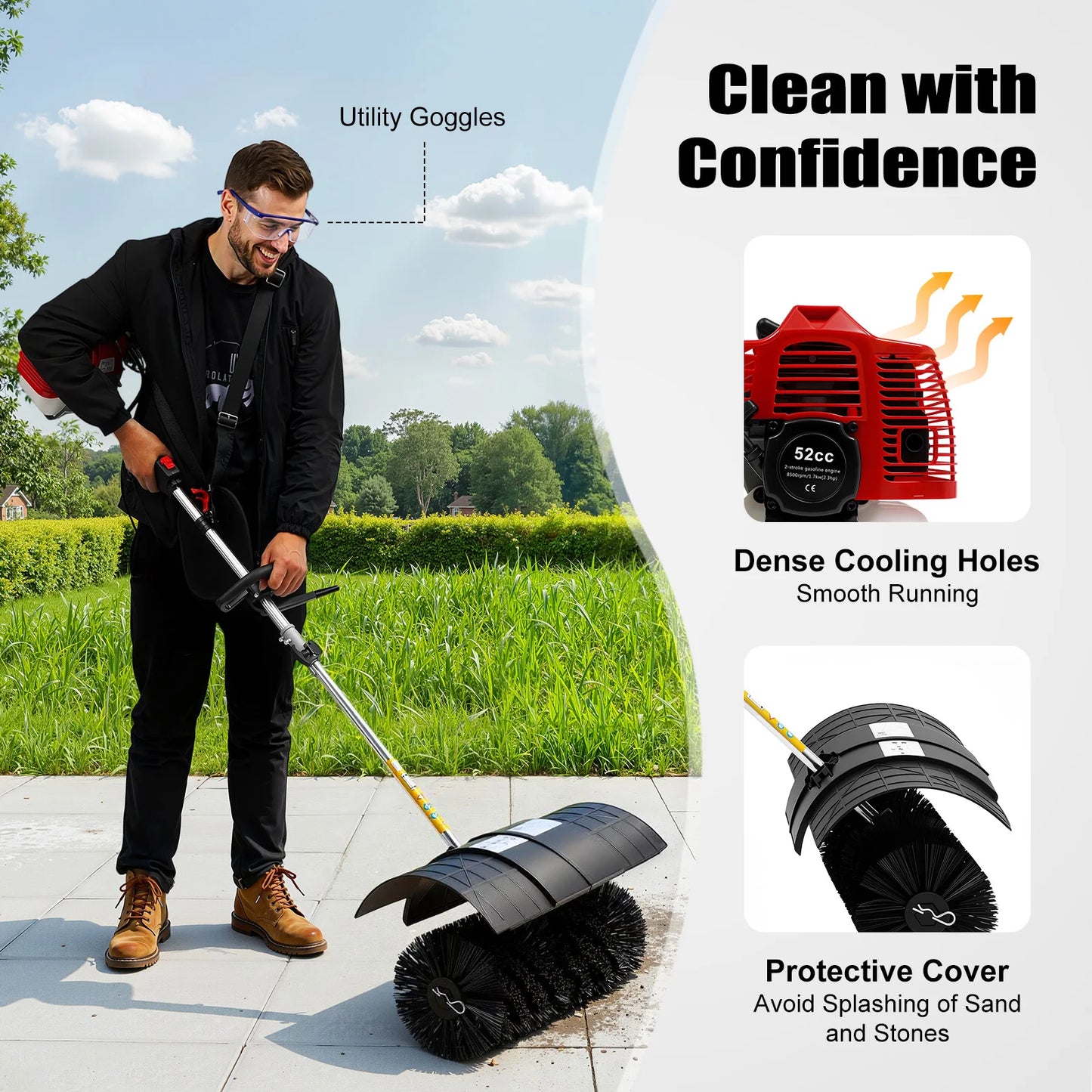 2.3HP Gas Powered Walk Behind Sweeper for Driveway and Lawn