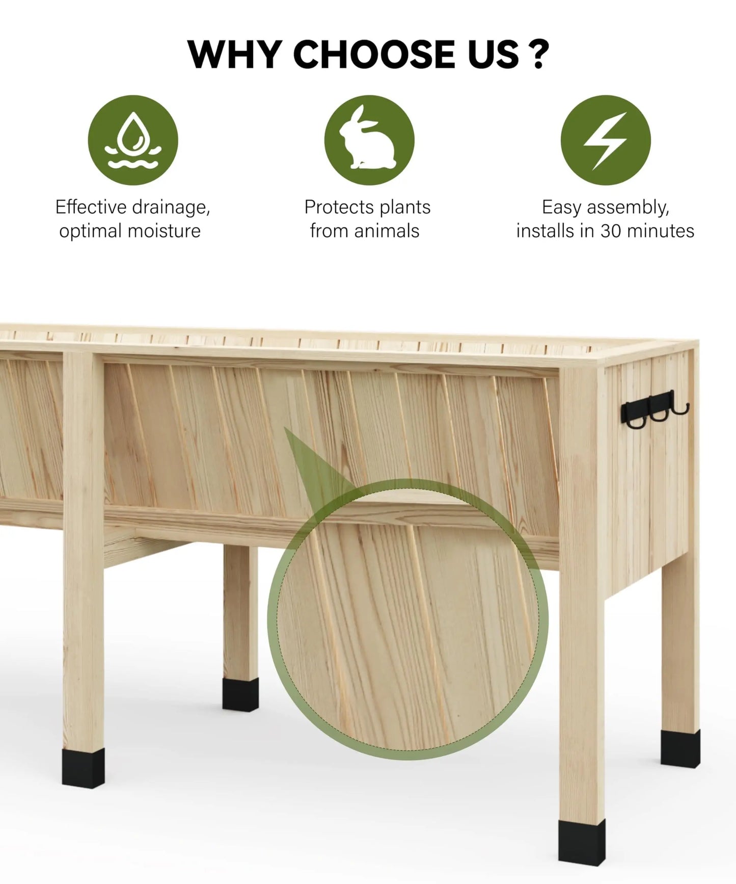 HiMISS Raised Wooden Garden Bed With Tool Hooks Planter