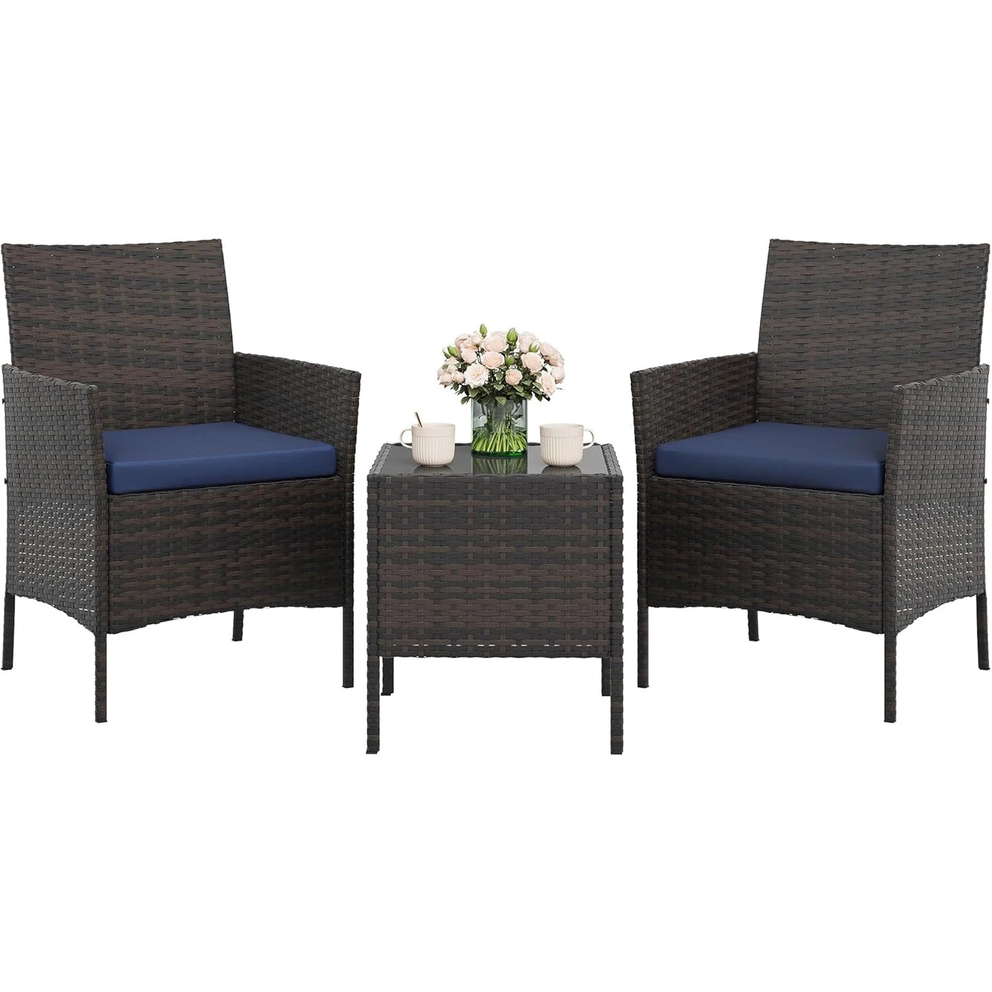 HiMISS 3-Piece Patio Wicker Set With Glass Table