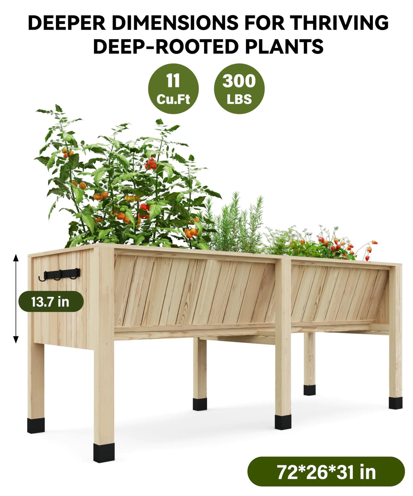 HiMISS Raised Wooden Garden Bed With Tool Hooks Planter