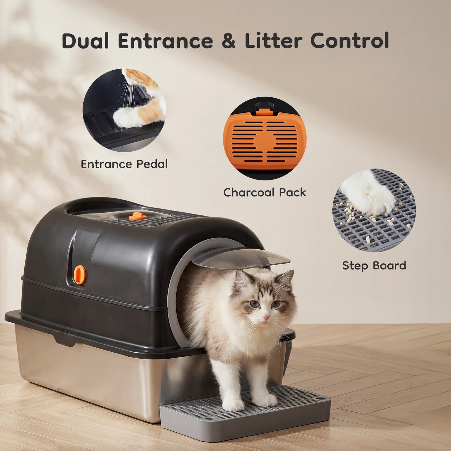 Stainless Steel Fully Enclosed Cat Litter Box With Scoop