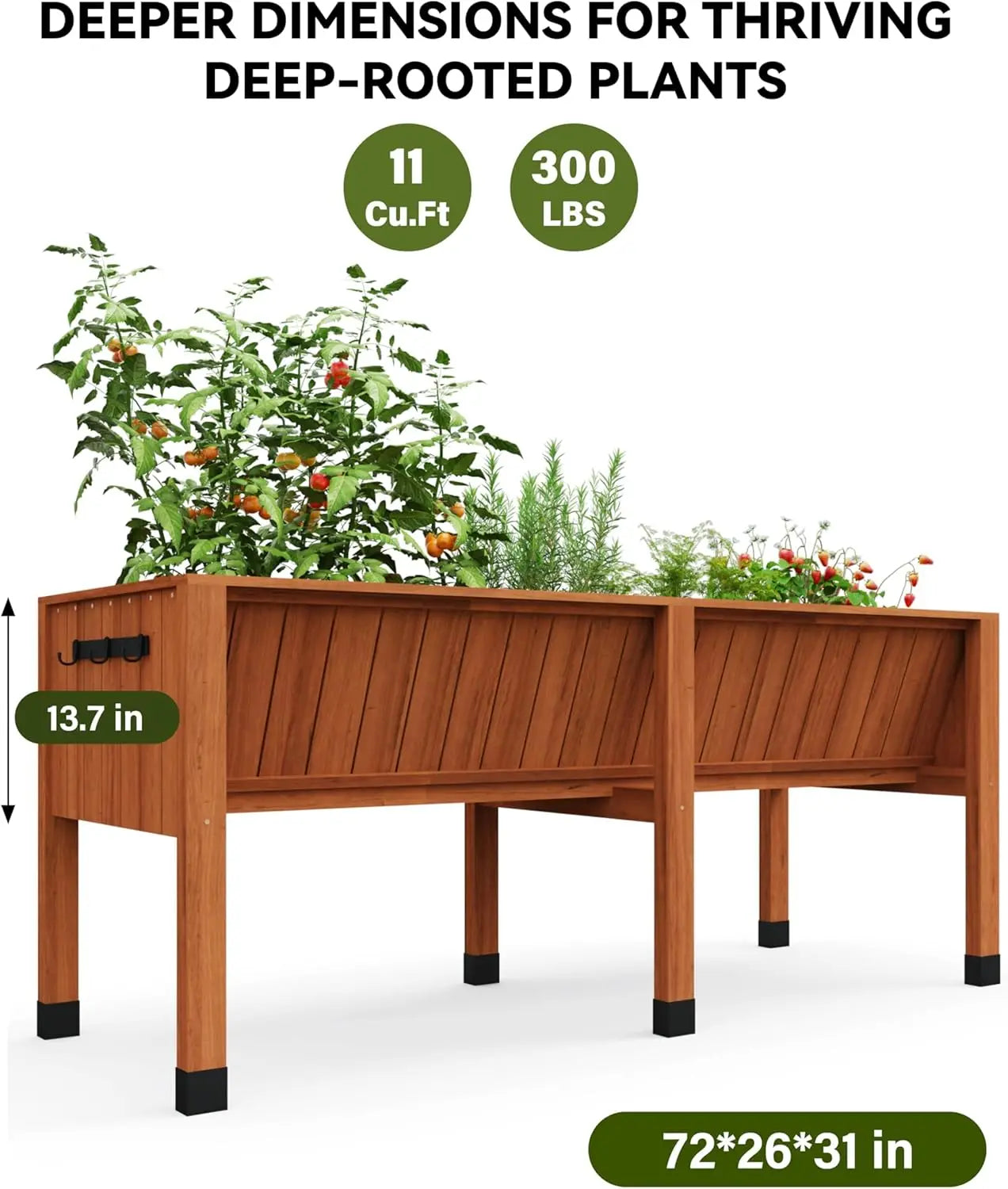 HiMISS Raised Wooden Garden Bed With Tool Hooks Planter