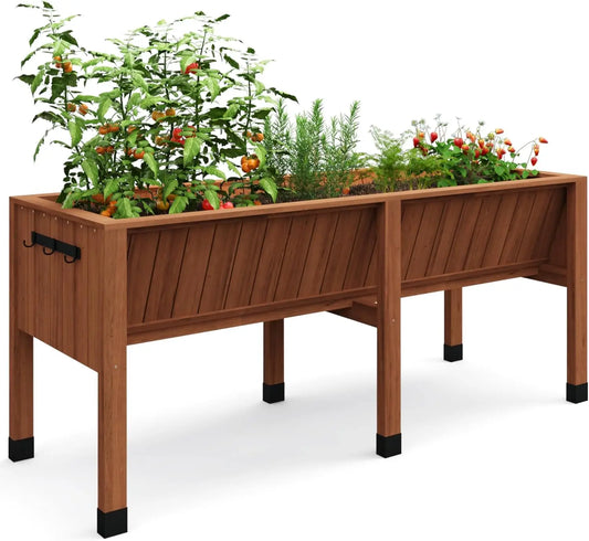 HiMISS Raised Wooden Garden Bed With Tool Hooks Planter