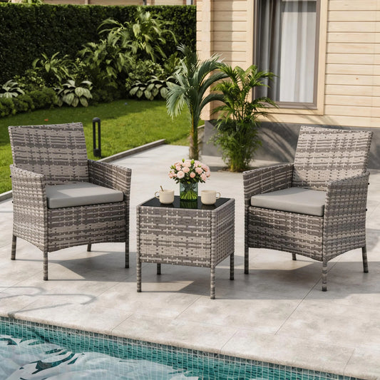 HiMISS 3-Piece Patio Wicker Set With Glass Table