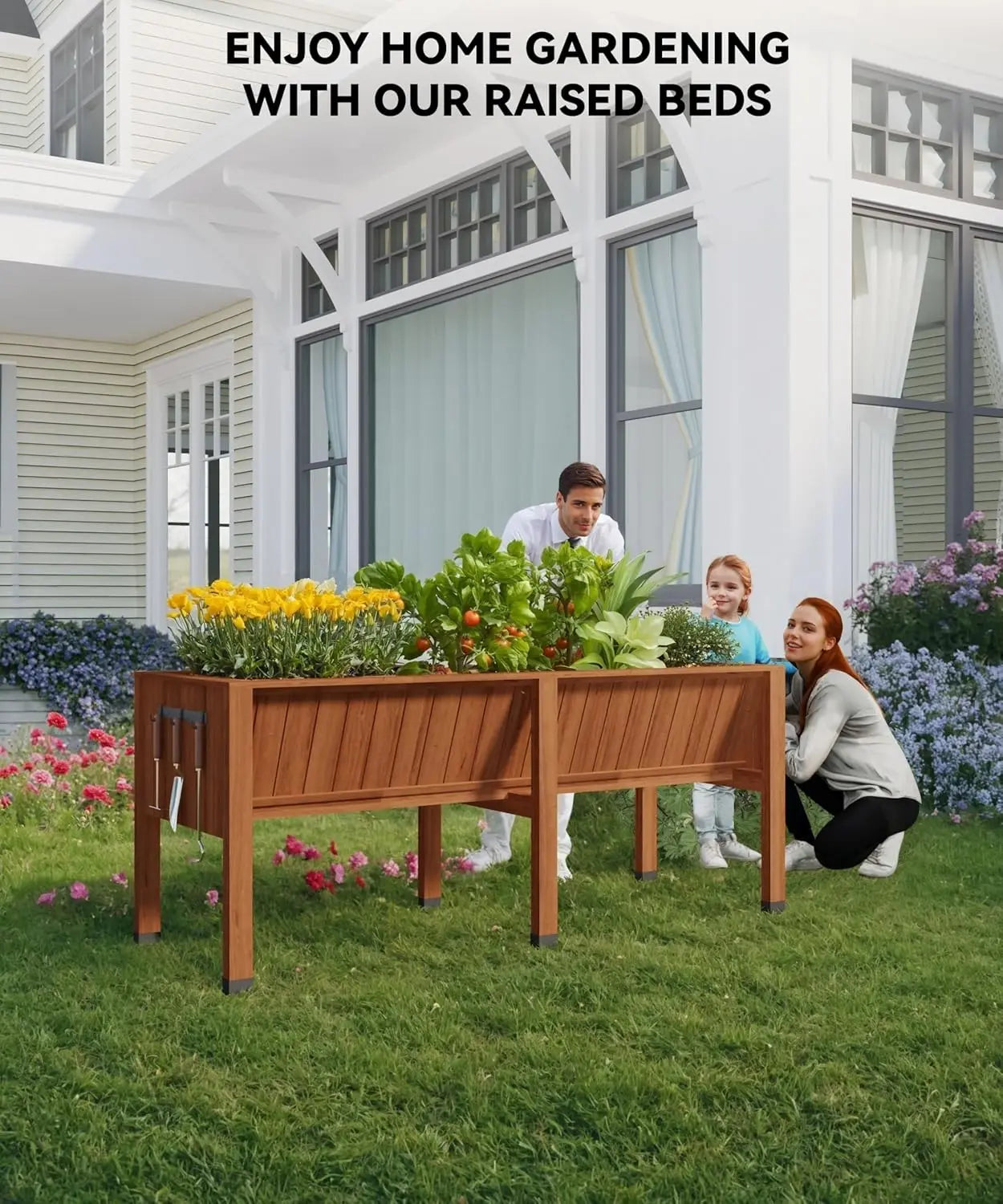 HiMISS Raised Wooden Garden Bed With Tool Hooks Planter