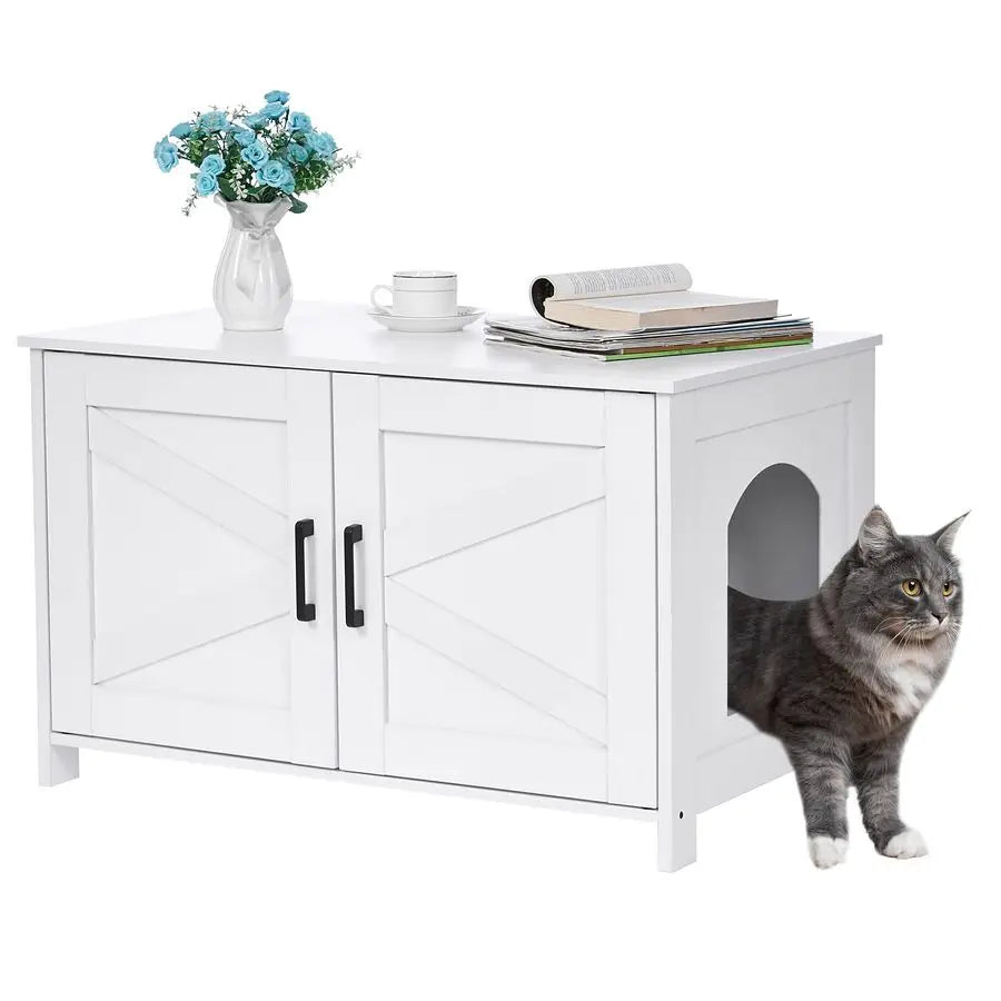 XMSJ Wooden Cat Litter Box Enclosure With Barn Door