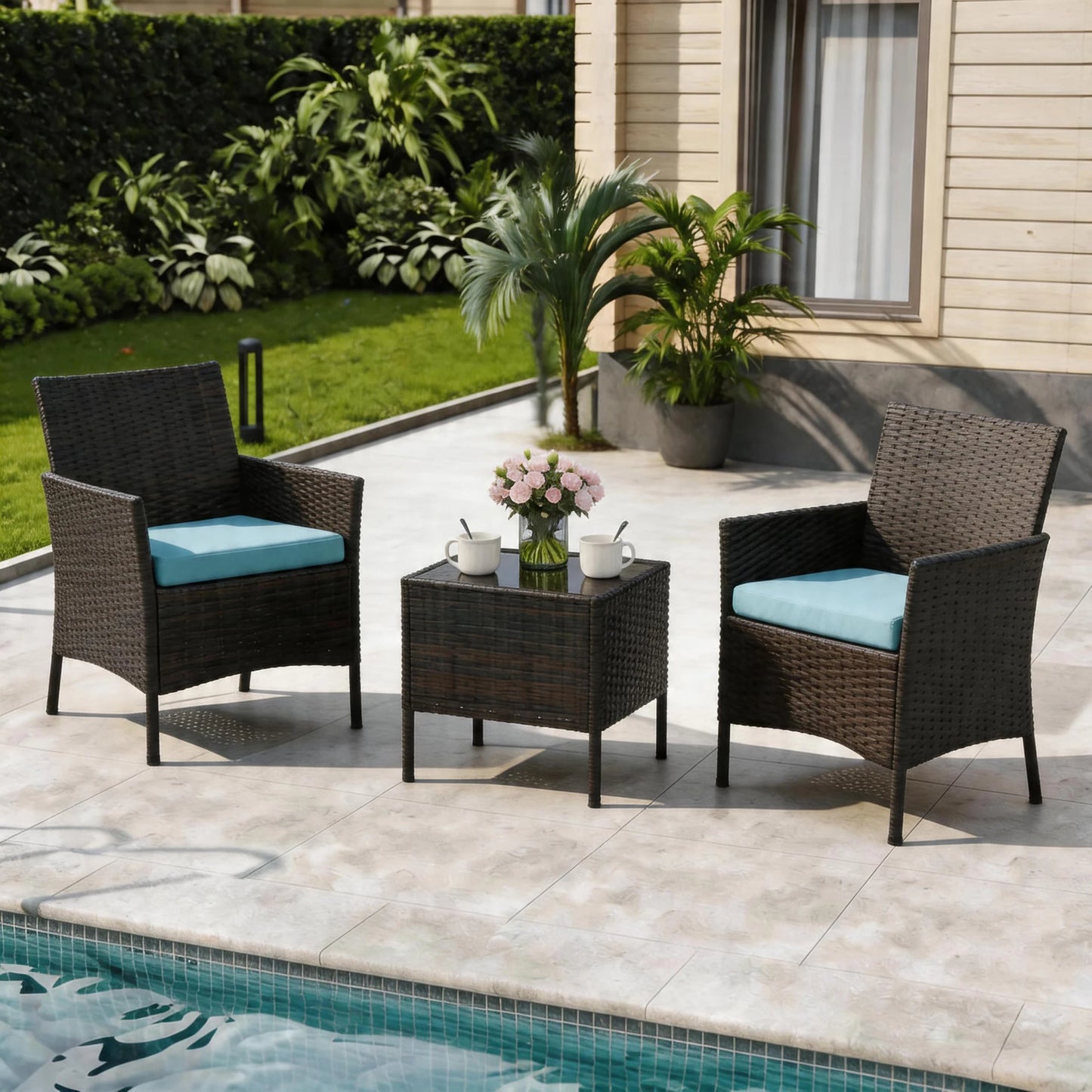 HiMISS 3-Piece Patio Wicker Set With Glass Table
