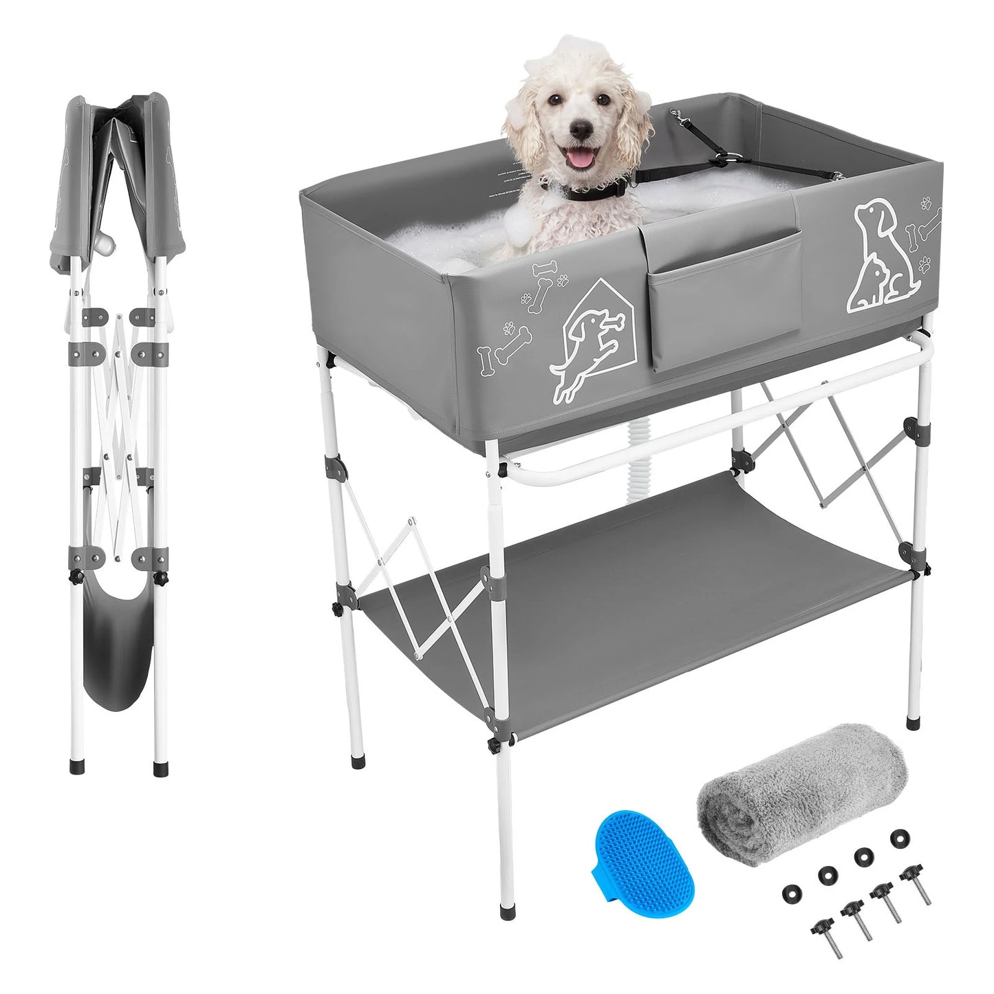 SucceBuy Foldable Elevated Dog Bathtub With Built In Drain