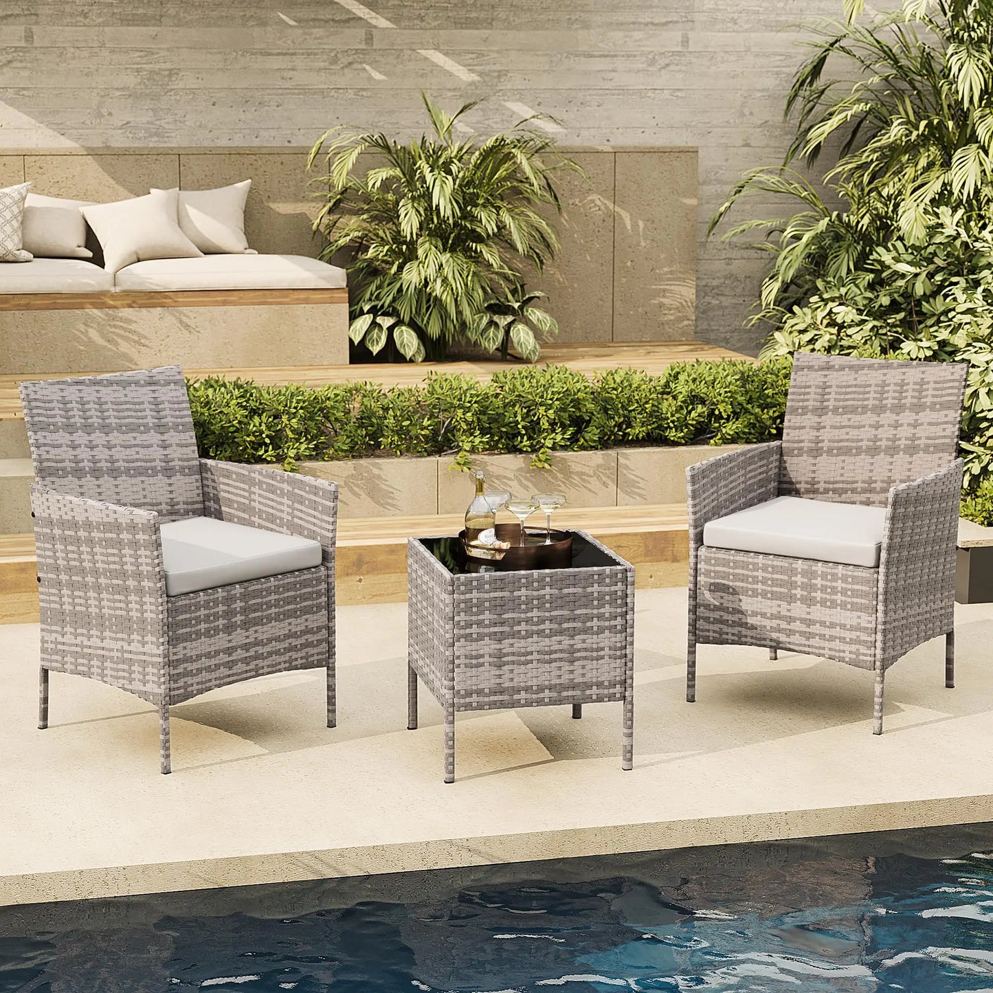 HiMISS 3-Piece Patio Wicker Set With Glass Table
